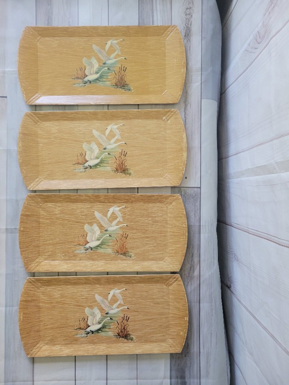 Vintage MCM Coronet Haskelite Lithograph Paper TV Trays w/ Swans, Lot of 4 wood